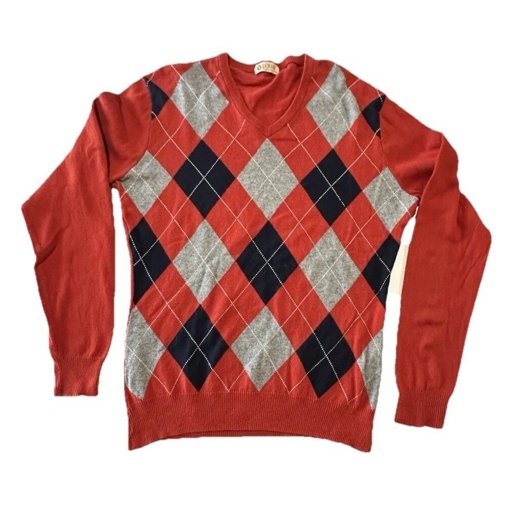 J Crew Mens V Neck Sweater Long Sleeve Argyle Orange Navy Gray Medium